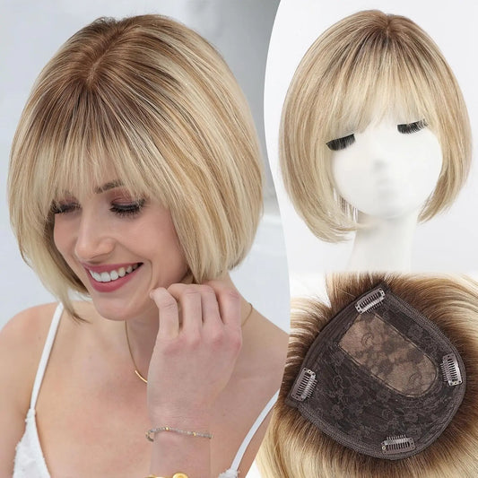 10” Short Bob Human Hair Topper with Bangs – Mixed Blonde Brown Side Part Silk Base Clip-In
