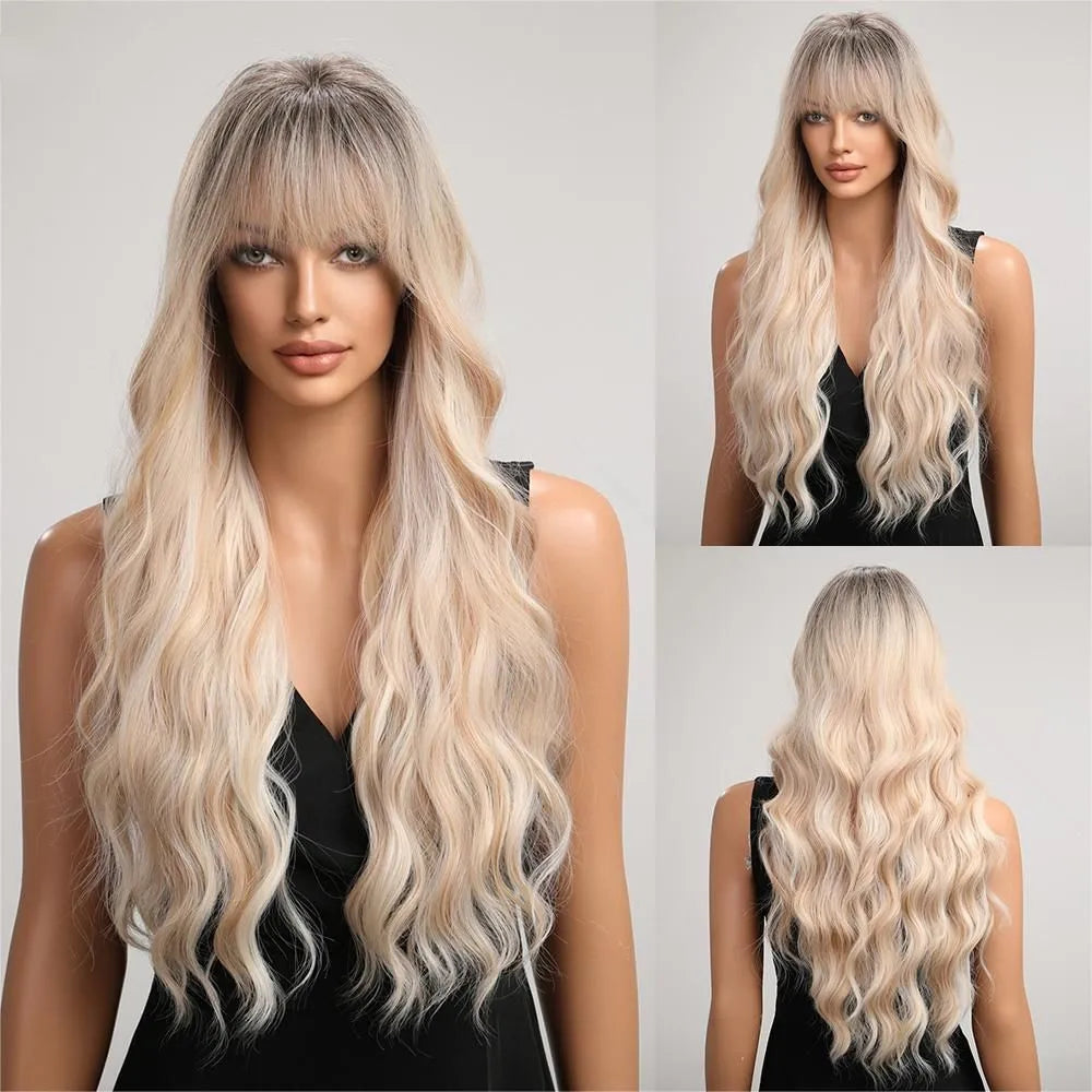 Brown Wavy Long Wig with Bangs – Heat Resistant Synthetic Daily & Cosplay Wig