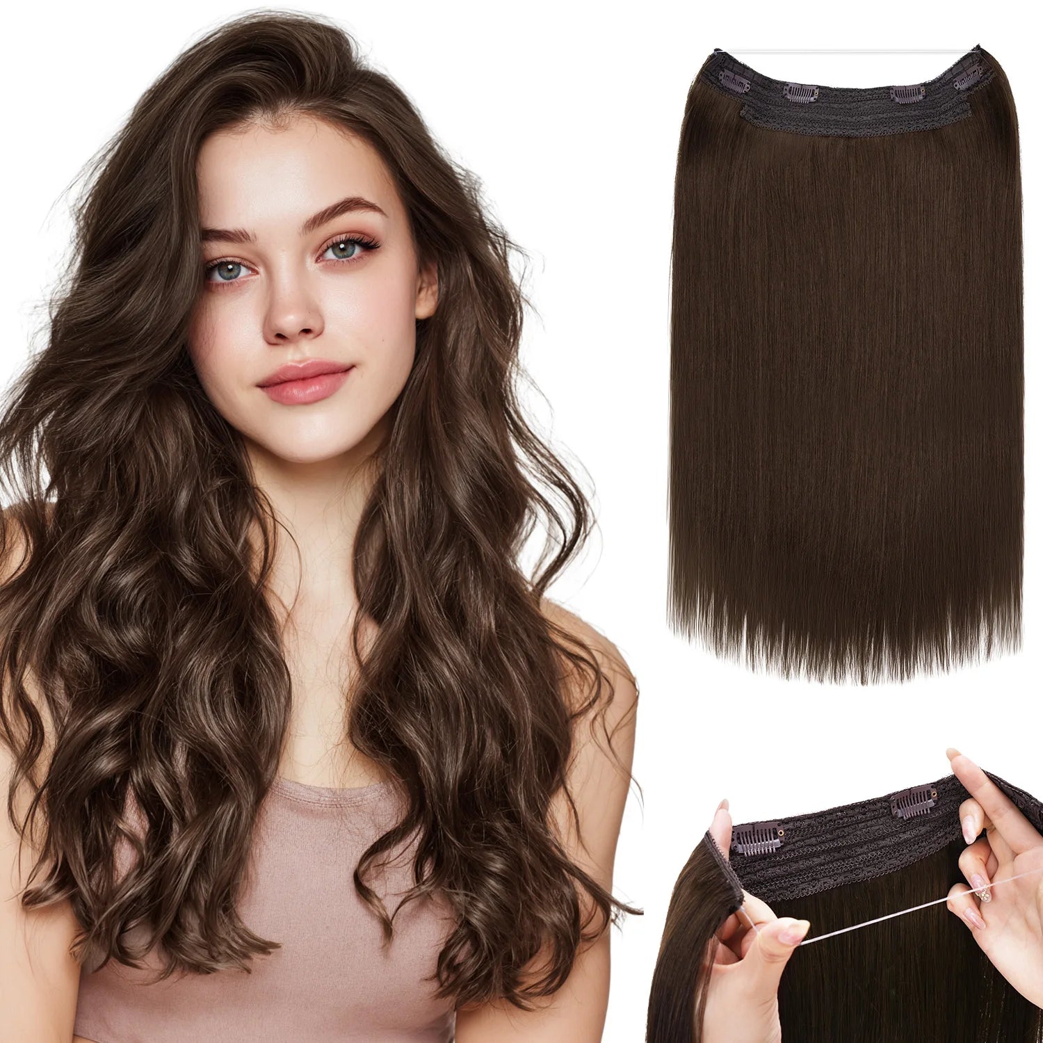 Human Hair Wire Extensions – Invisible Halo Clip-In Straight Remy Hair