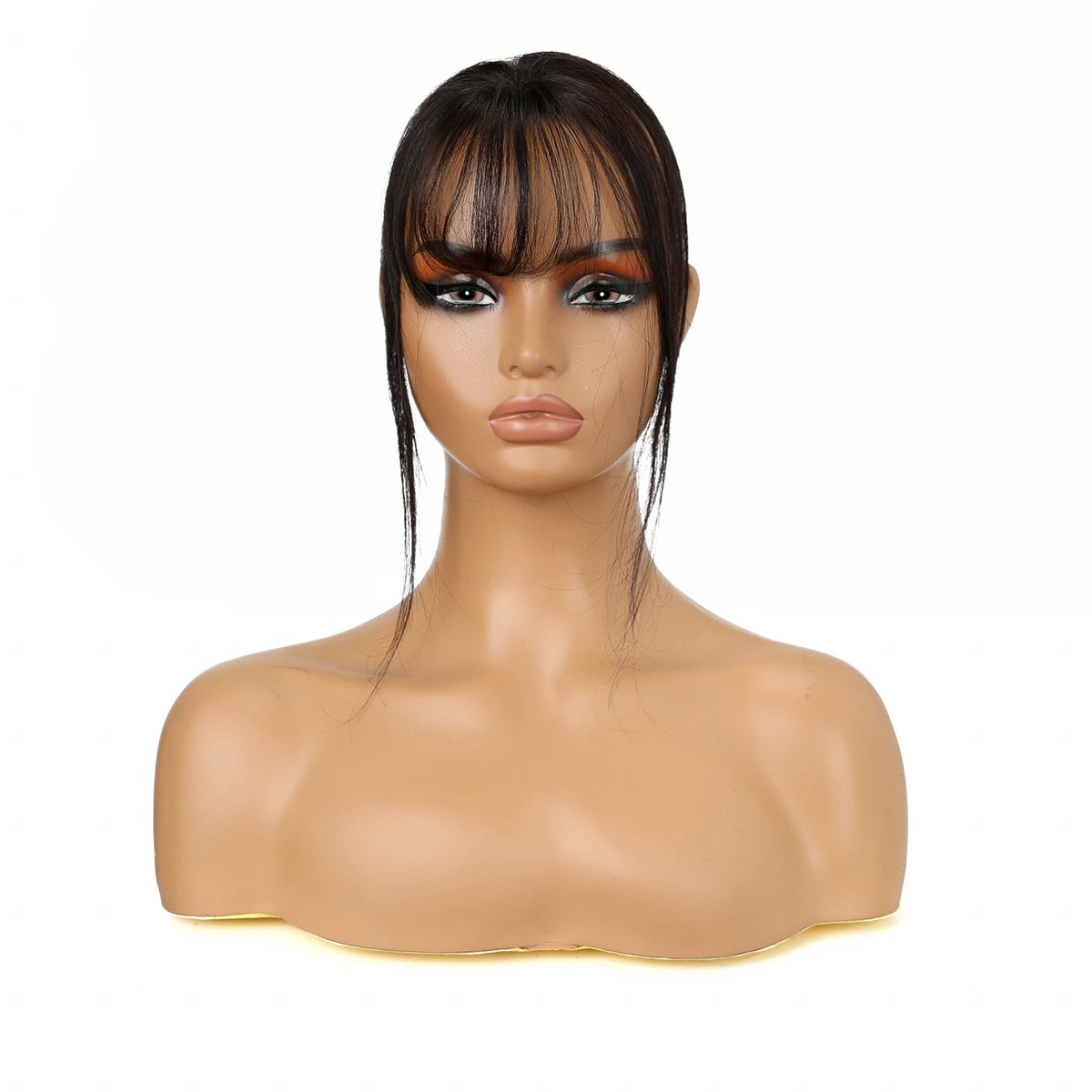 Dark chocolate brown fringe and side strands displayed on a mannequin
