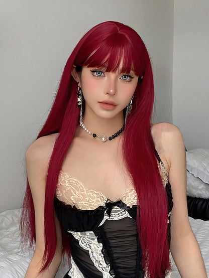 Wine Red Long Straight Wig with Bangs – Heat Resistant Synthetic Daily & Cosplay Wig