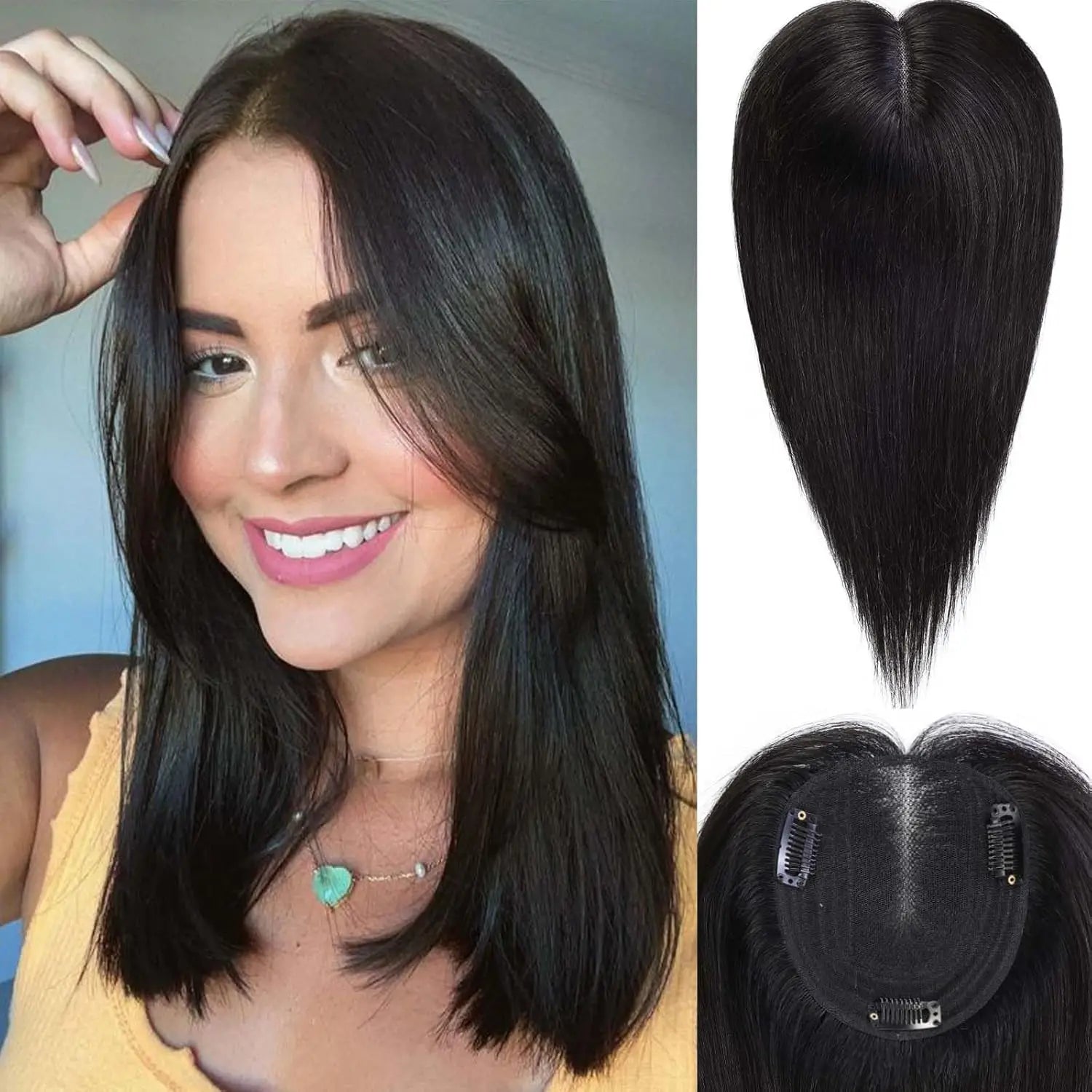 12” Human Hair Topper – Swiss Silk Base, No Bangs, 60g Clip-In