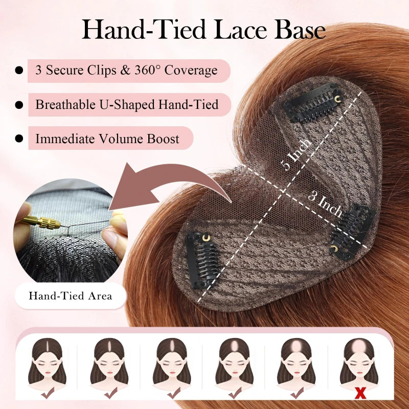 8” Remy Human Hair Topper with Air Bangs – Hand-Tied Lace Base 3-Clip