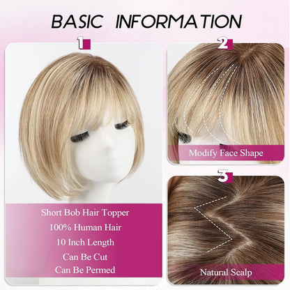 10” Short Bob Human Hair Topper with Bangs – Mixed Blonde Brown Side Part Silk Base Clip-In