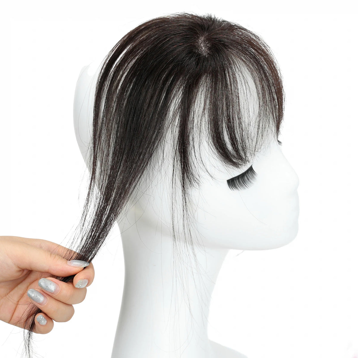 Dark chocolate brown clip-in fringe side mannequin view