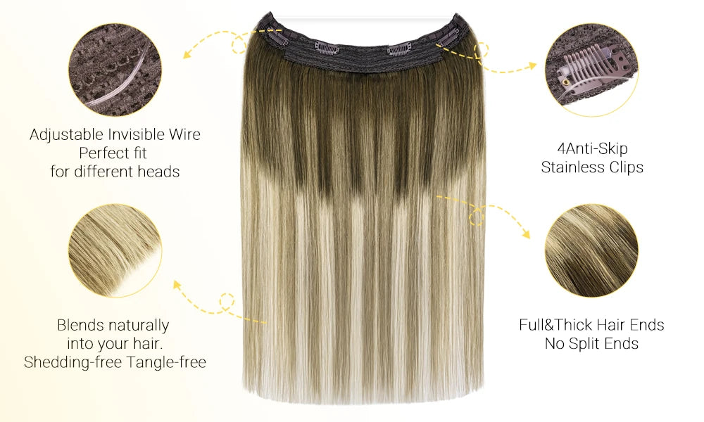 Human Hair Wire Extensions – Invisible Halo Clip-In Straight Remy Hair