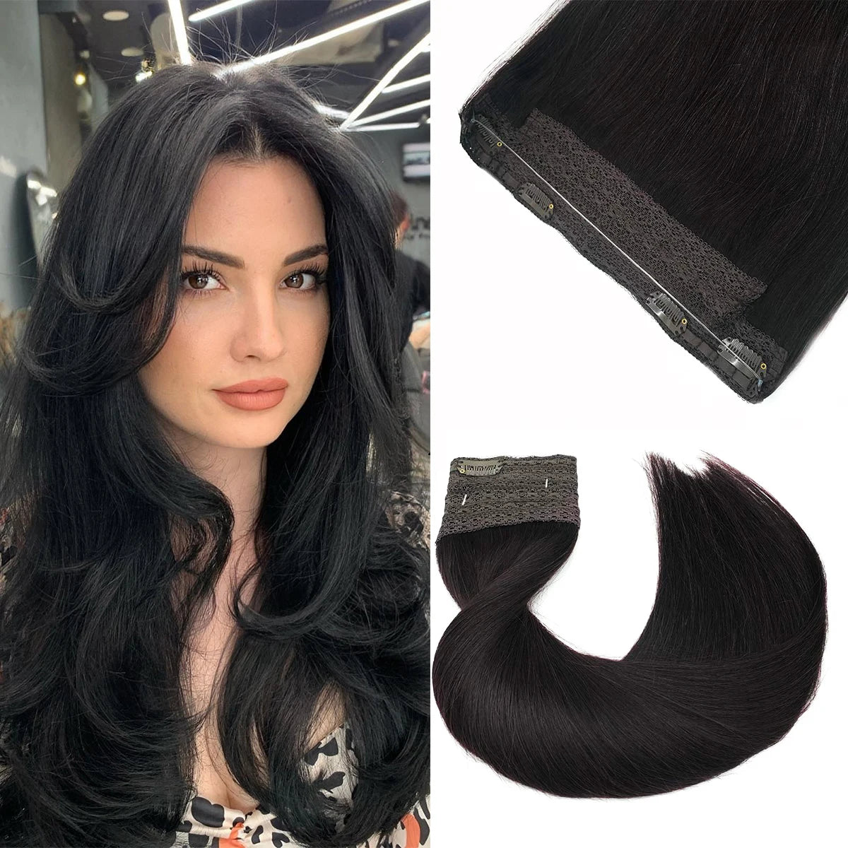 Human Hair Wire Extensions – Invisible Halo Clip-In Straight Remy Hair