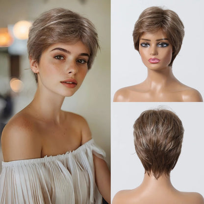 Short Pixie Cut Grey Human Hair Wig – 8” Layered Blend Wig with Bangs for Women