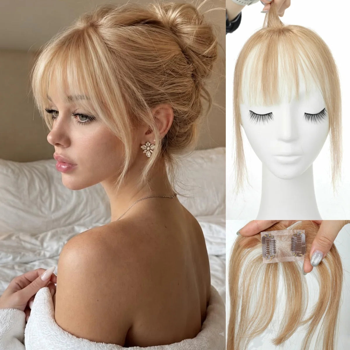 Warm champagne blonde clip-in fringe with model styling, detached hairpiece and two-clip base views