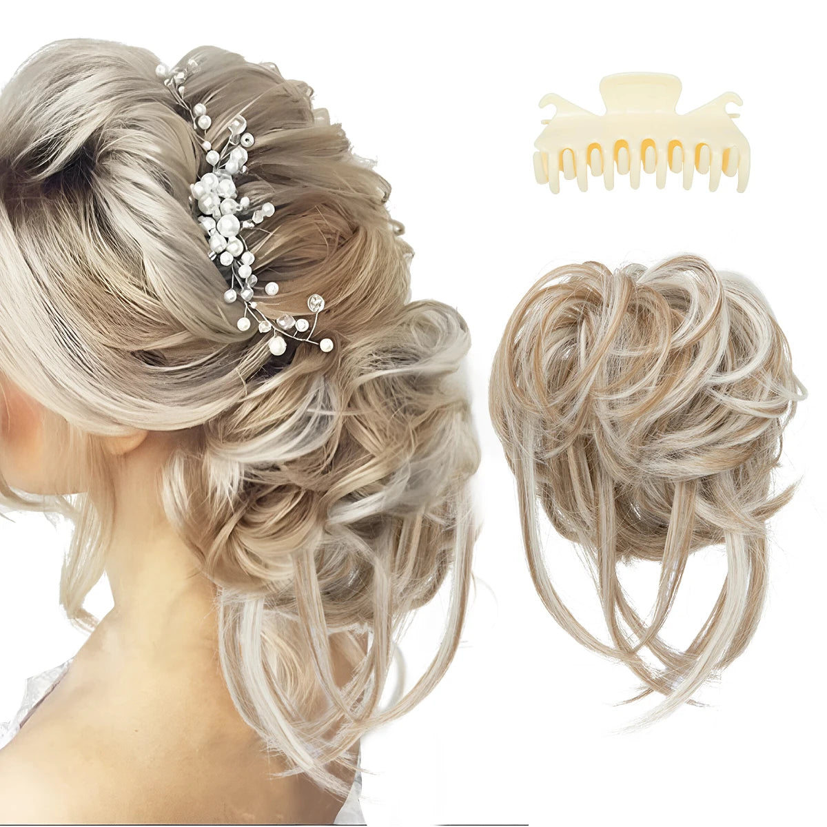 8.5-inch synthetic messy bun hairpiece in Ivory Blonde shade