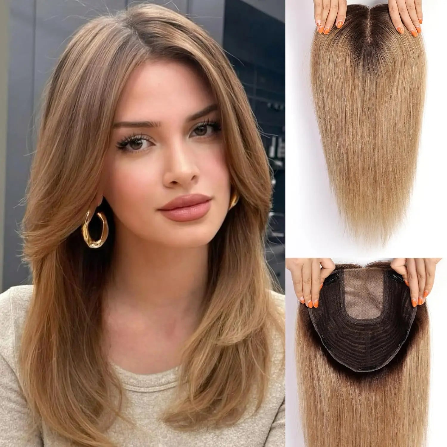 16” Full Coverage Human Hair Topper – Large 9×9 Silk Base Brown Highlights