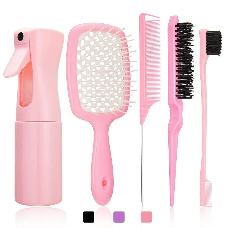 Detangling Hair Brush & Comb Set – Curved Brush, Rat Tail Comb & Edge Styling Tools