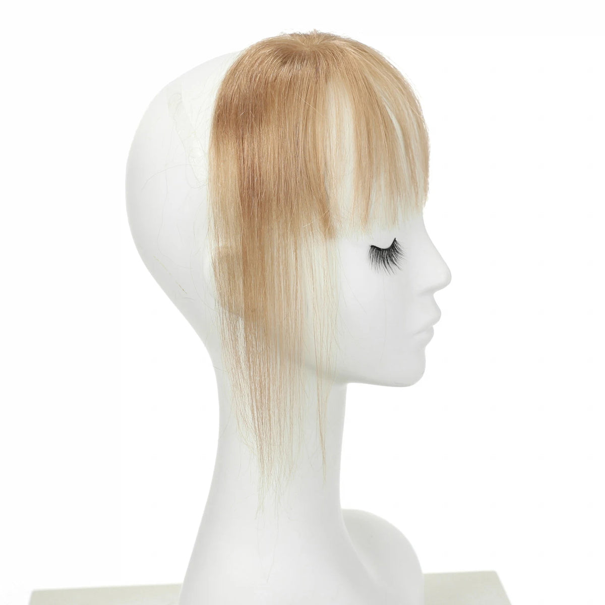 Warm champagne blonde clip-in fringe with side strands, side mannequin view