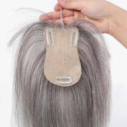 Light Grey Human Hair Topper with Thick Bangs – 360° Clip-In Silk Base Topper for Women