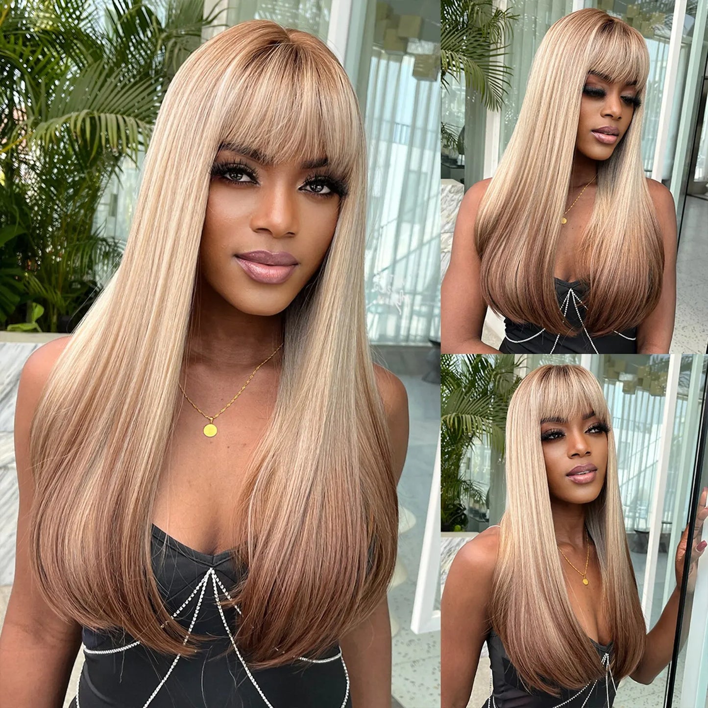 Wine Red Long Straight Wig with Bangs – Heat Resistant Synthetic Daily & Cosplay Wig
