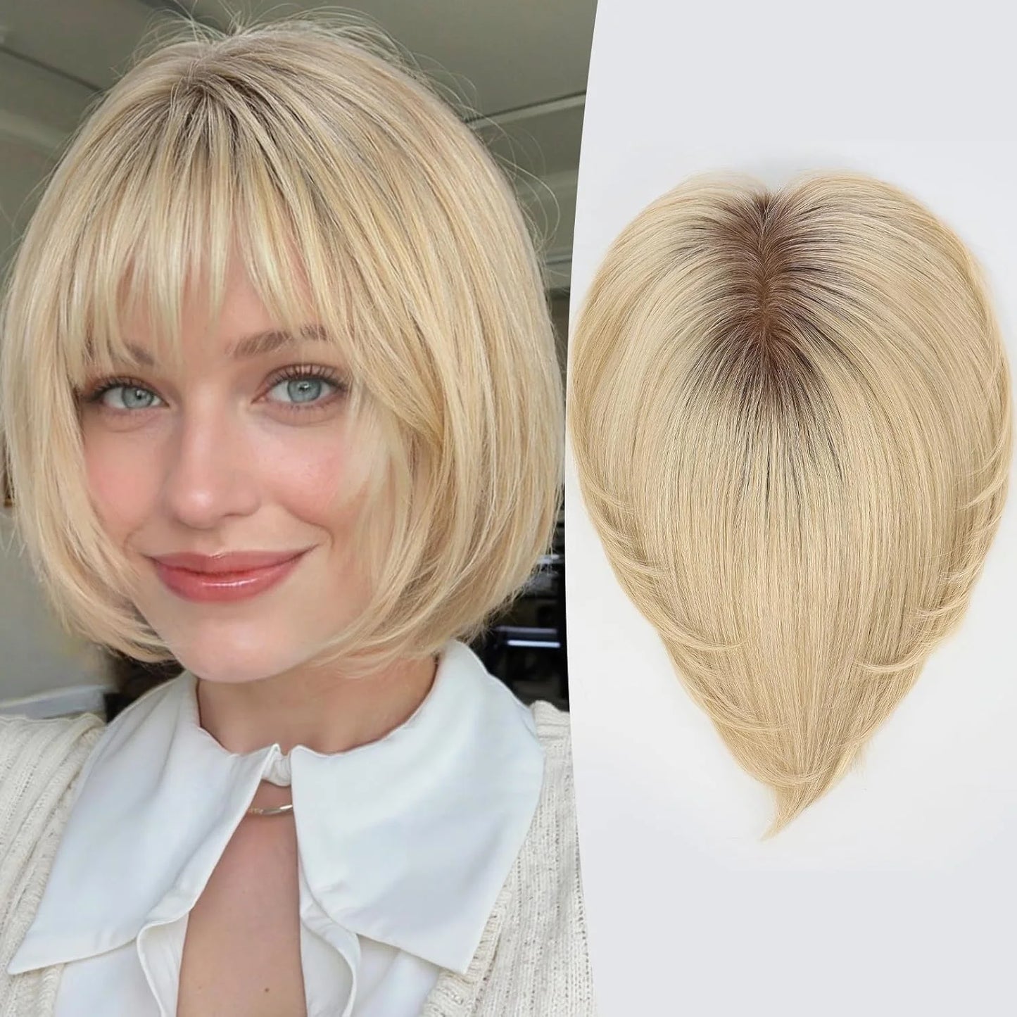 10” Human Hair Topper with Bangs – Silk Base Short Bob (6.5×6.5”)