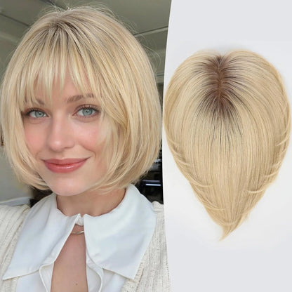 10” Human Hair Topper with Bangs – Silk Base Short Bob (6.5×6.5”)