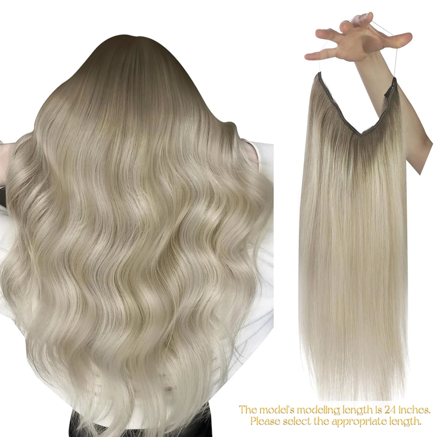 Invisible Wire Human Hair Extensions – One Piece Halo Weft with Clips (12–20”)