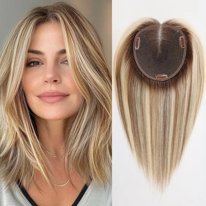 14” Blonde Mixed Brown Human Hair Topper – Swiss Silk Base, No Bangs, 60g Clip-In