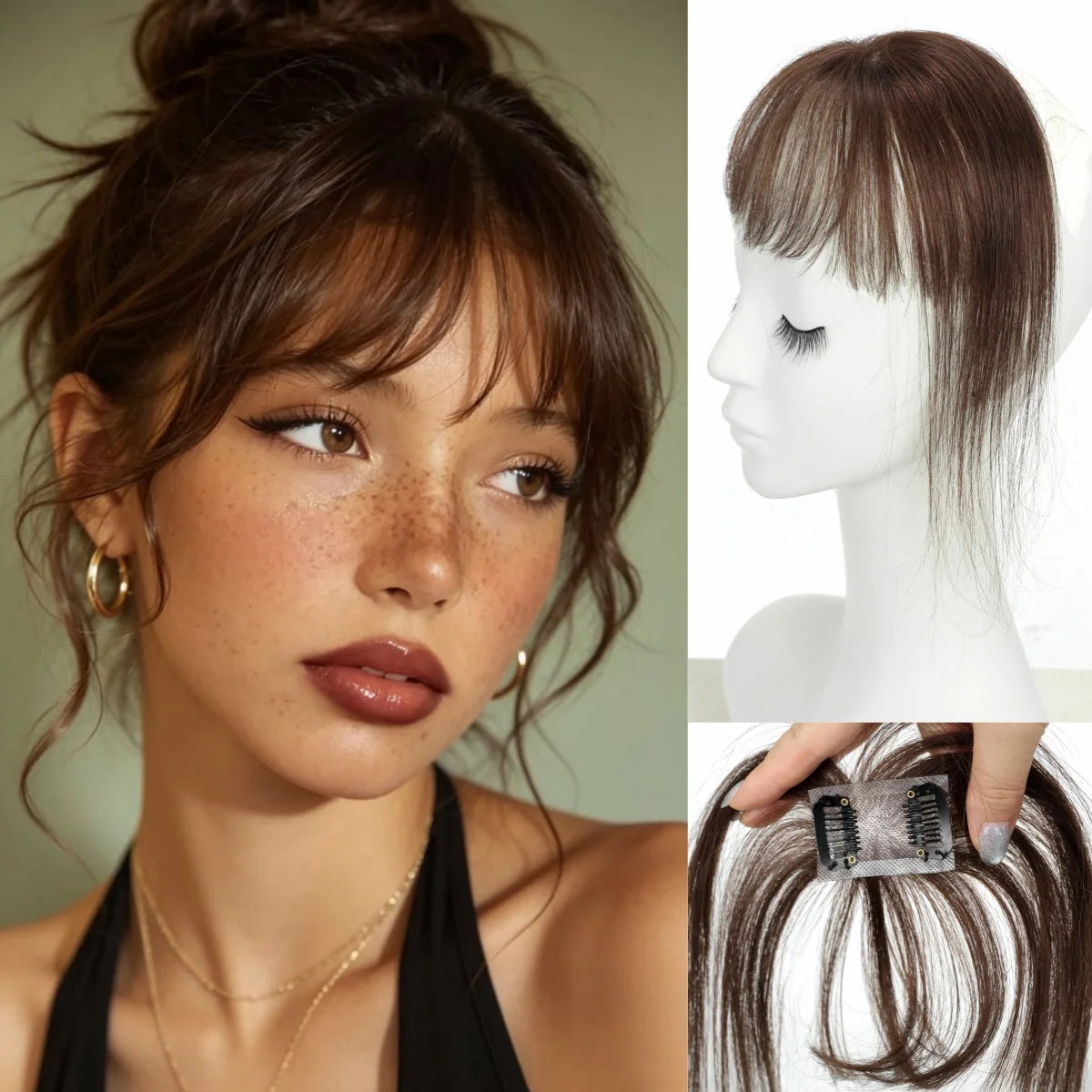 Warm chestnut brown clip-in fringe with model styling, detached hairpiece and two-clip base views