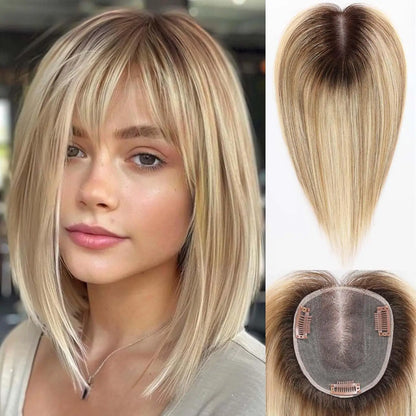 Ombre Light Brown Straight Human Hair Topper – 12” Middle Part Swiss Base