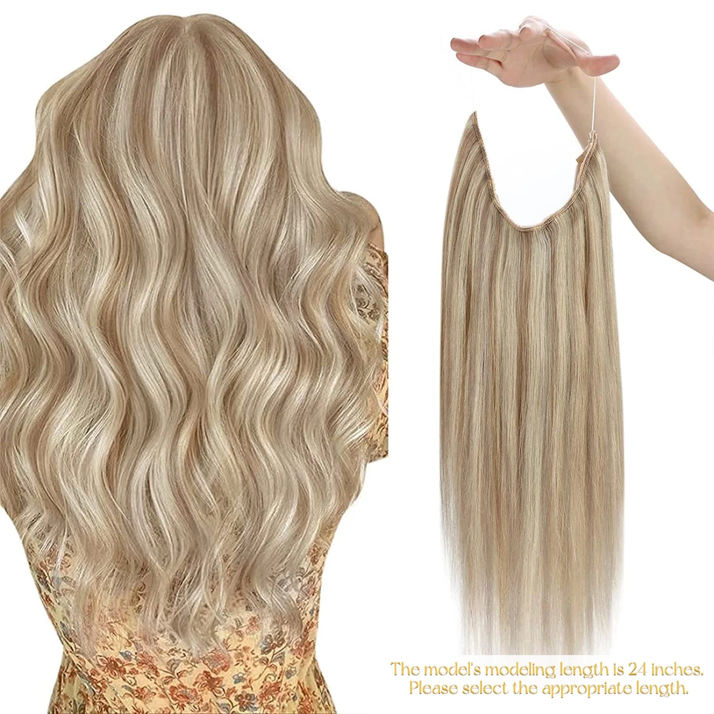 Invisible Wire Human Hair Extensions – One Piece Halo Weft with Clips (12–20”)