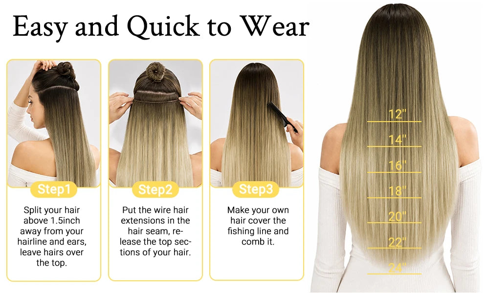 Human Hair Wire Extensions – Invisible Halo Clip-In Straight Remy Hair