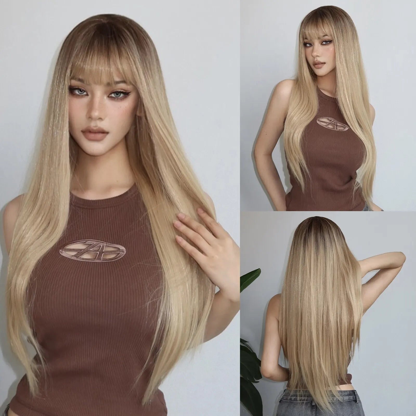 Wine Red Long Straight Wig with Bangs – Heat Resistant Synthetic Daily & Cosplay Wig