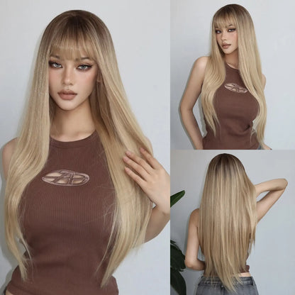 Wine Red Long Straight Wig with Bangs – Heat Resistant Synthetic Daily & Cosplay Wig