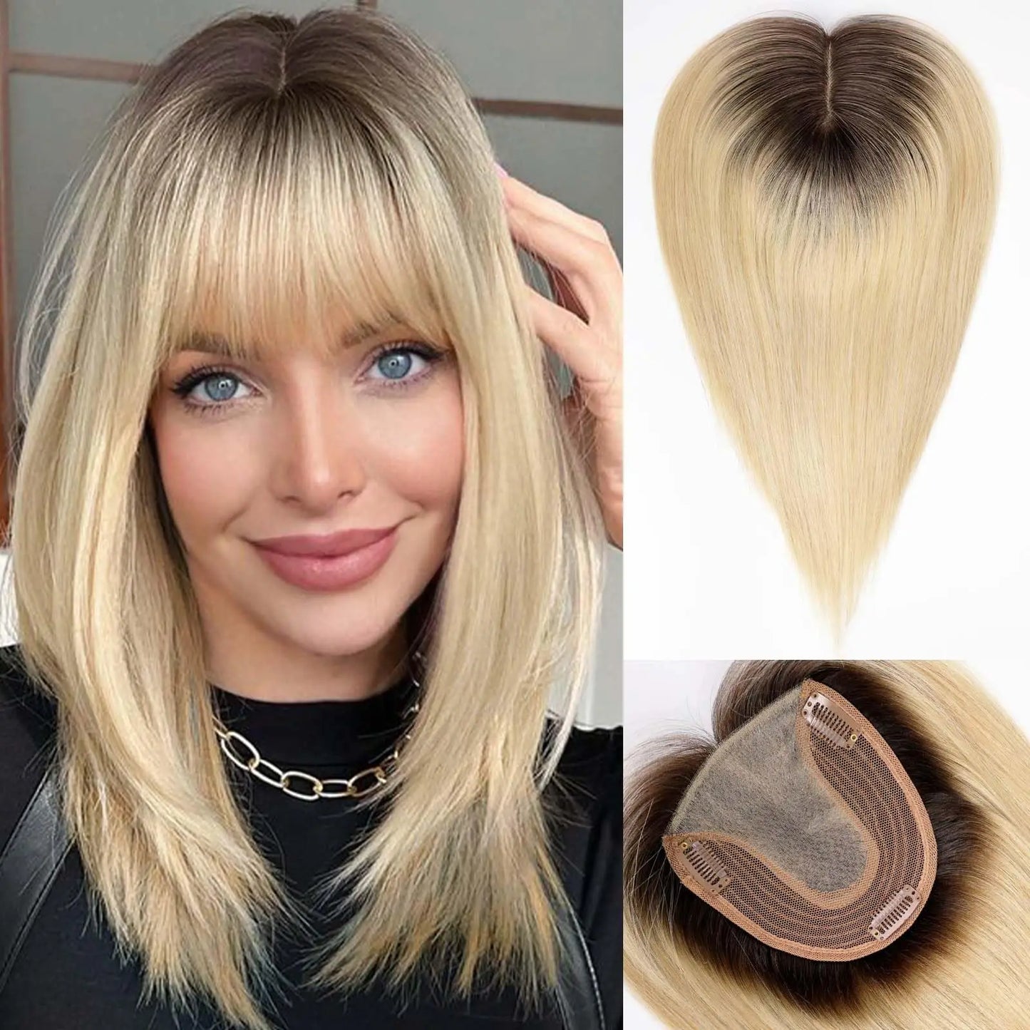 Brown Mixed Blonde Silk Base Human Hair Topper with Bangs – 14”