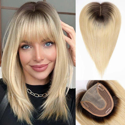 Brown Mixed Blonde Silk Base Human Hair Topper with Bangs – 14”