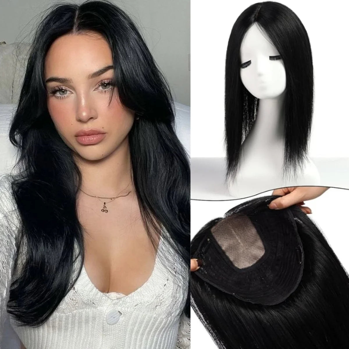 16” Human Hair Topper with Bangs – Clip-In Straight Lace Base Topper