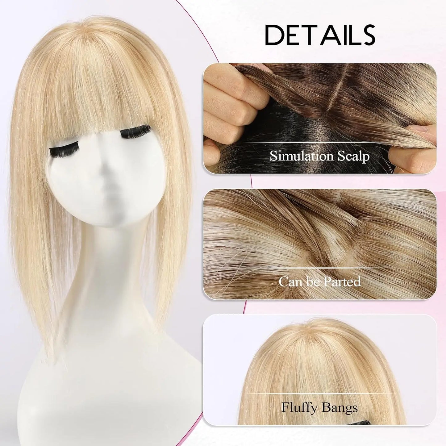 12” Mixed Blonde Human Hair Topper with Bangs – 360° Lace Base Clip-In for Women