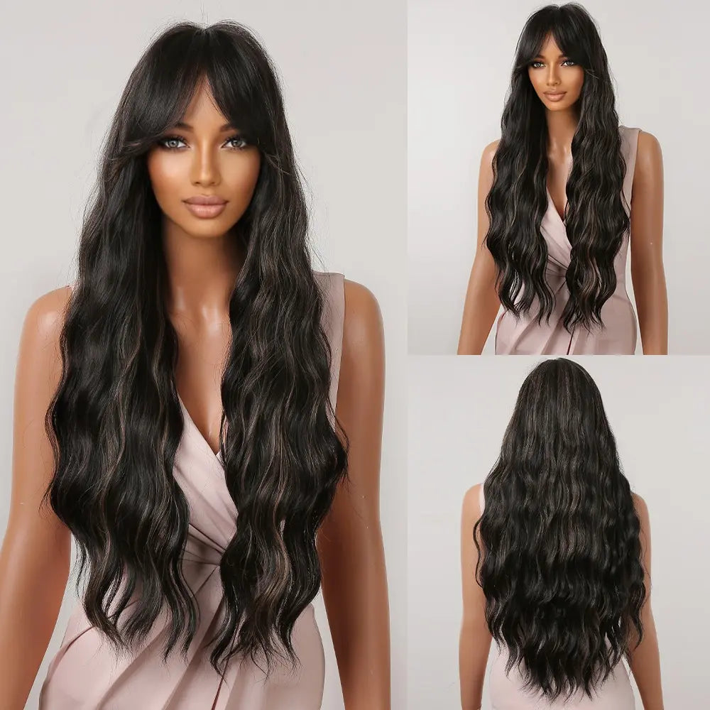 Brown Wavy Long Wig with Bangs – Heat Resistant Synthetic Daily & Cosplay Wig