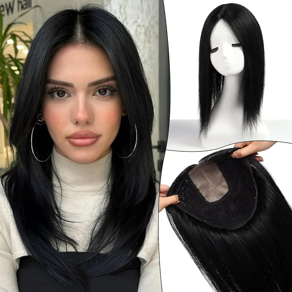 16” Full Coverage Human Hair Topper – Large 9×9 Silk Base Brown Highlights