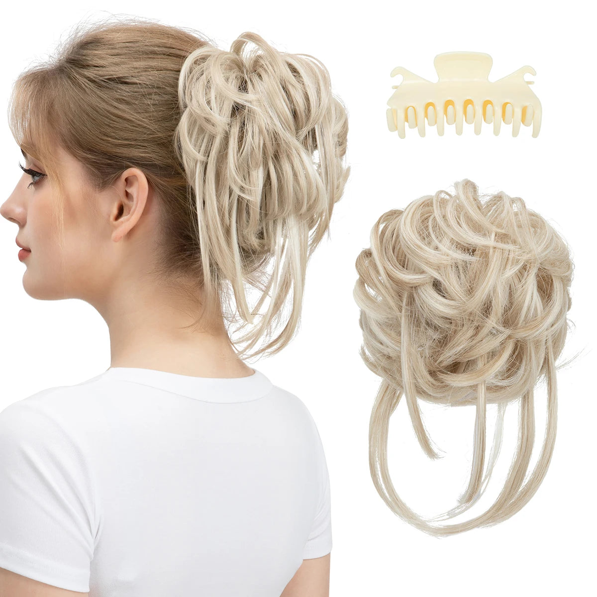 8.5-inch synthetic messy bun hairpiece in Cream Blonde shade