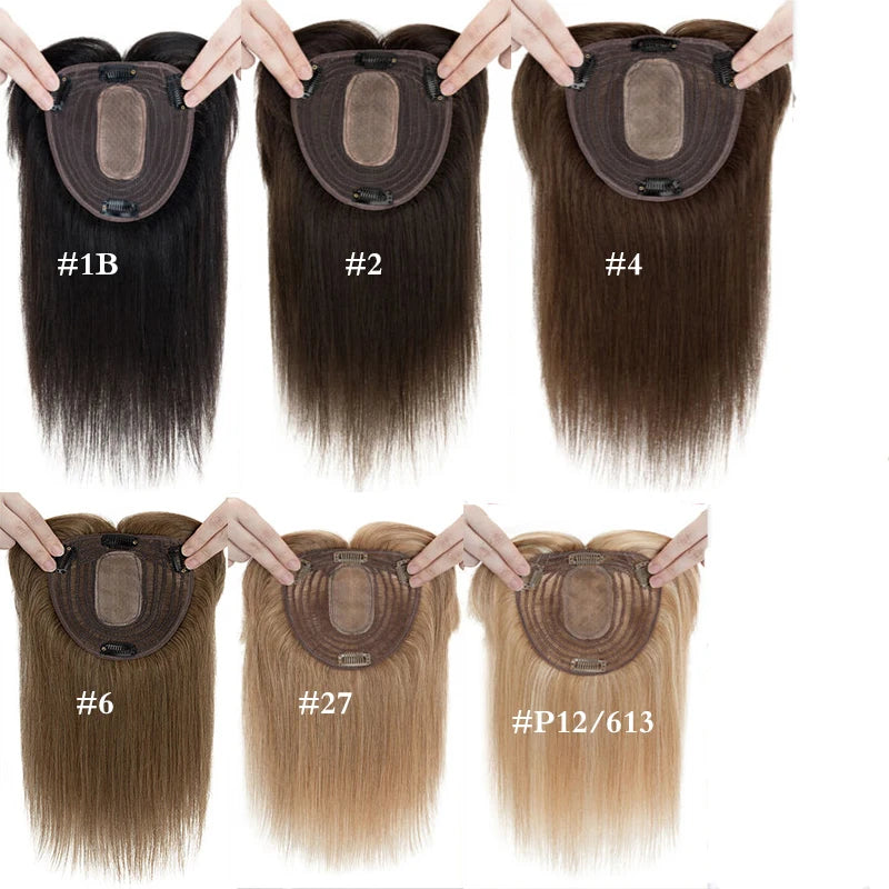 Silk Base Human Hair Topper with Bangs – 12 × 13 cm Remy Clip-In Crown Topper