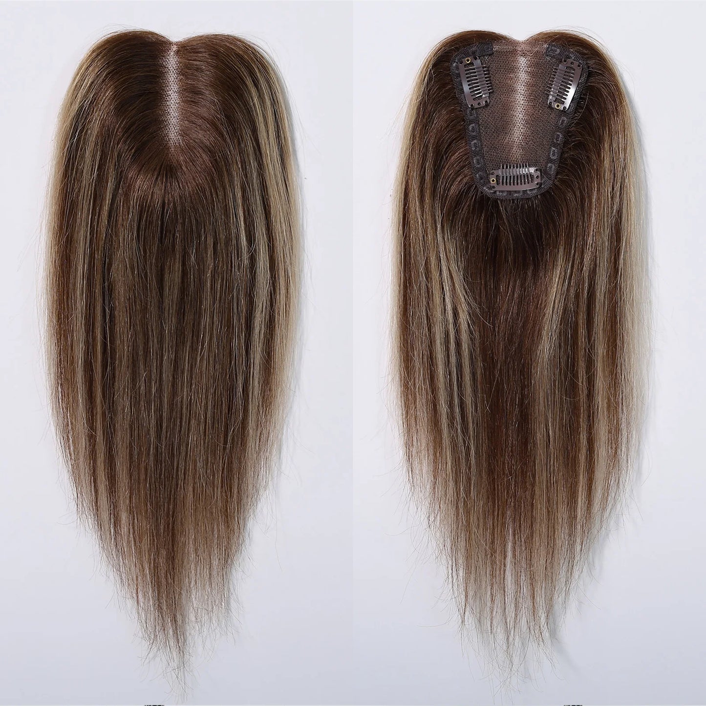 Brown Mixed Blonde Human Hair Topper – 12” Straight Lace Base Clip-In Hairpiece