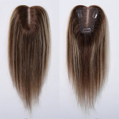 Brown Mixed Blonde Human Hair Topper – 12” Straight Lace Base Clip-In Hairpiece