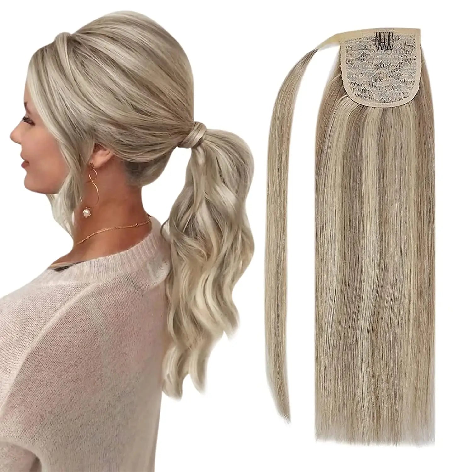Human Hair Ponytail Extension – Straight Remy Wrap-Around Clip-In Ponytail 80g