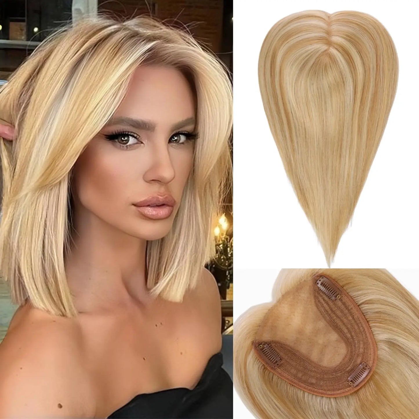 Brown Mixed Blonde Silk Base Human Hair Topper with Bangs – 14”