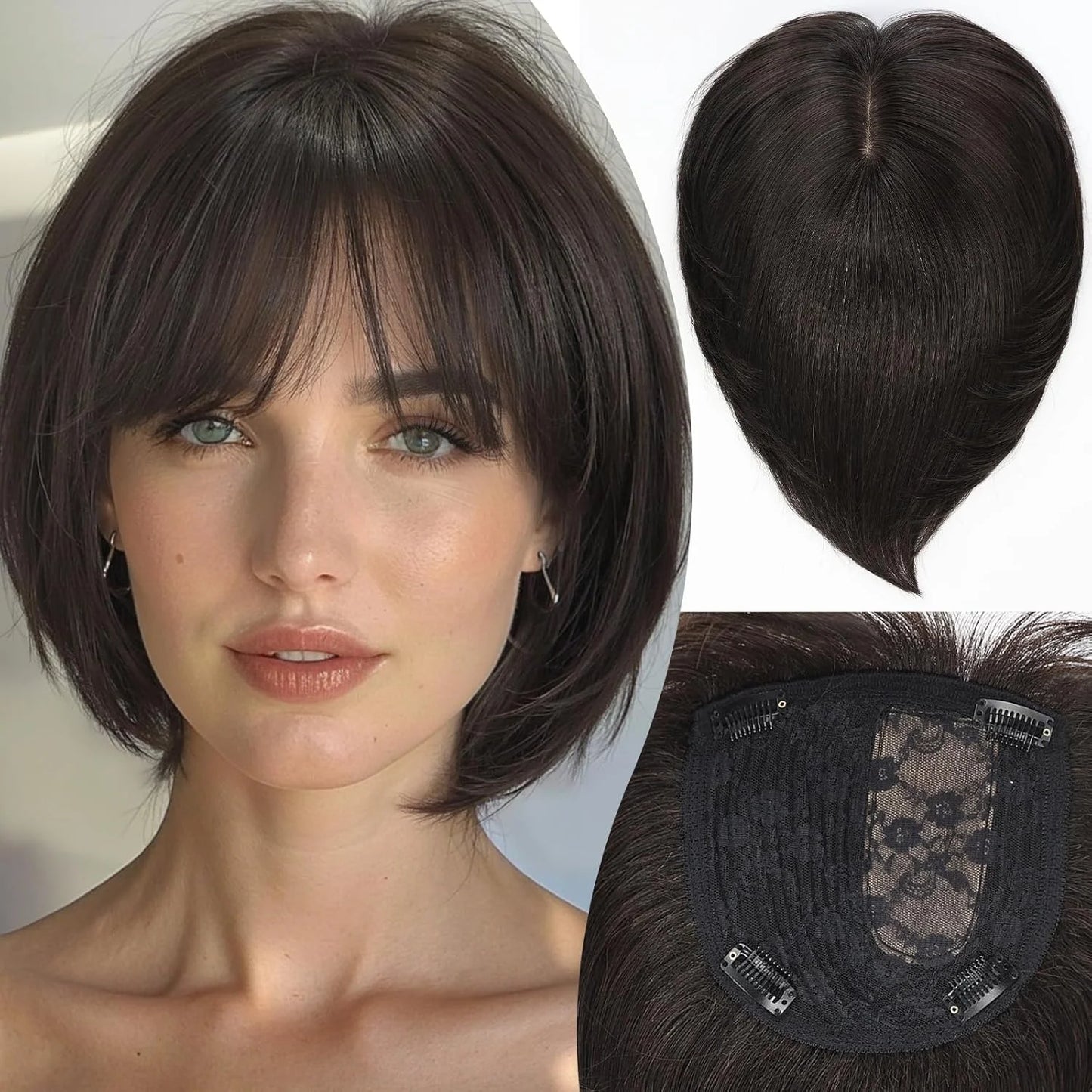 10” Human Hair Topper with Bangs – Silk Base Short Bob (6.5×6.5”)