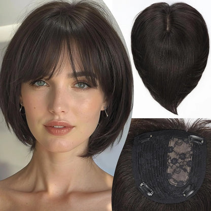 10” Human Hair Topper with Bangs – Silk Base Short Bob (6.5×6.5”)