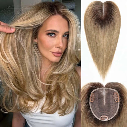 Ombre Light Brown Straight Human Hair Topper – 12” Middle Part Swiss Base