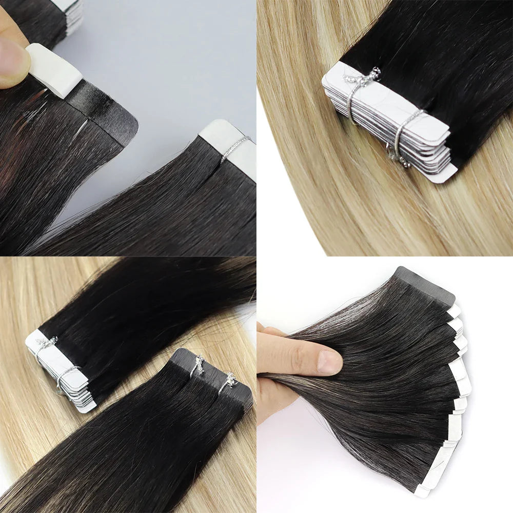 Premium Remy human hair tape-in extensions showcasing clips and natural textures for seamless installation.