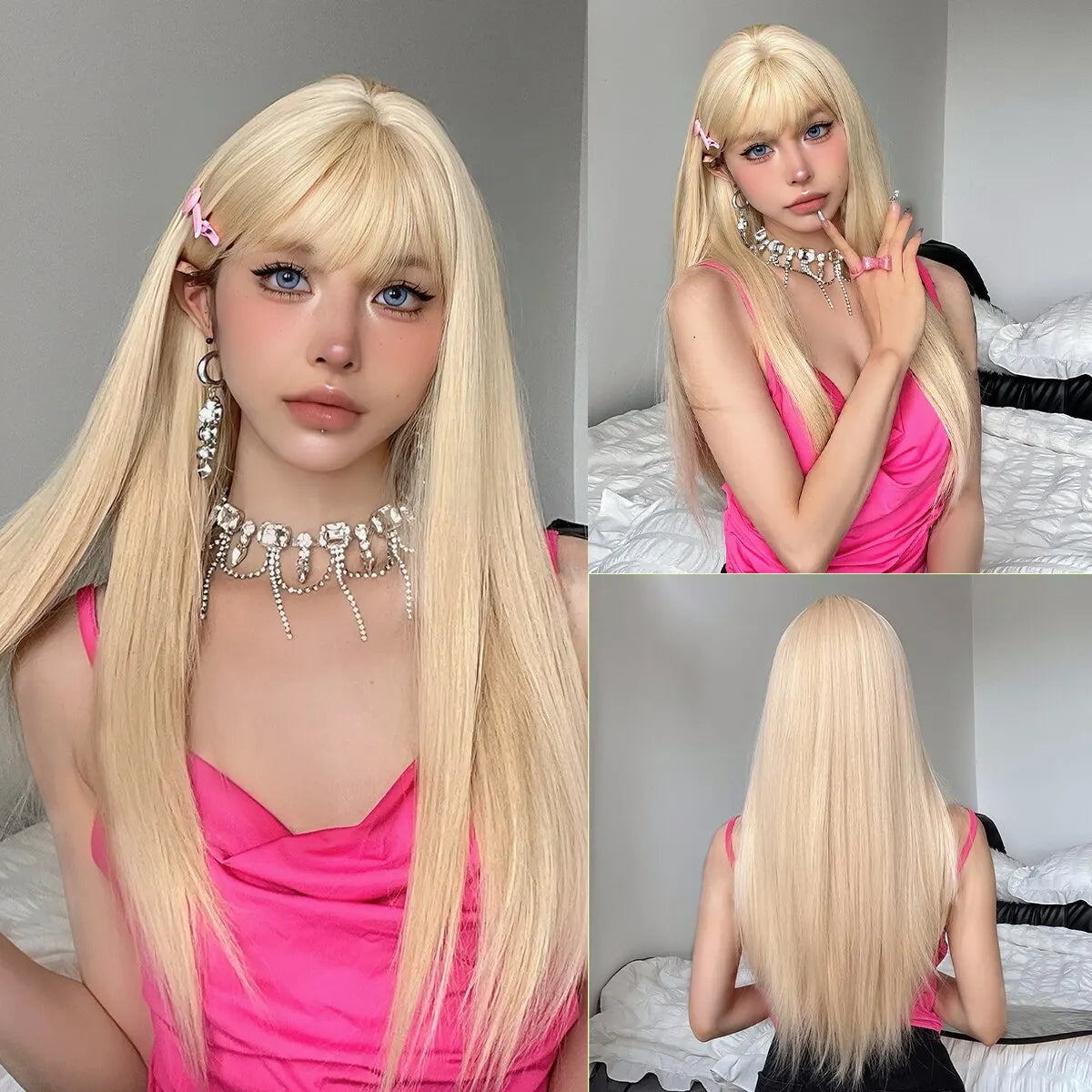 Wine Red Long Straight Wig with Bangs – Heat Resistant Synthetic Daily & Cosplay Wig
