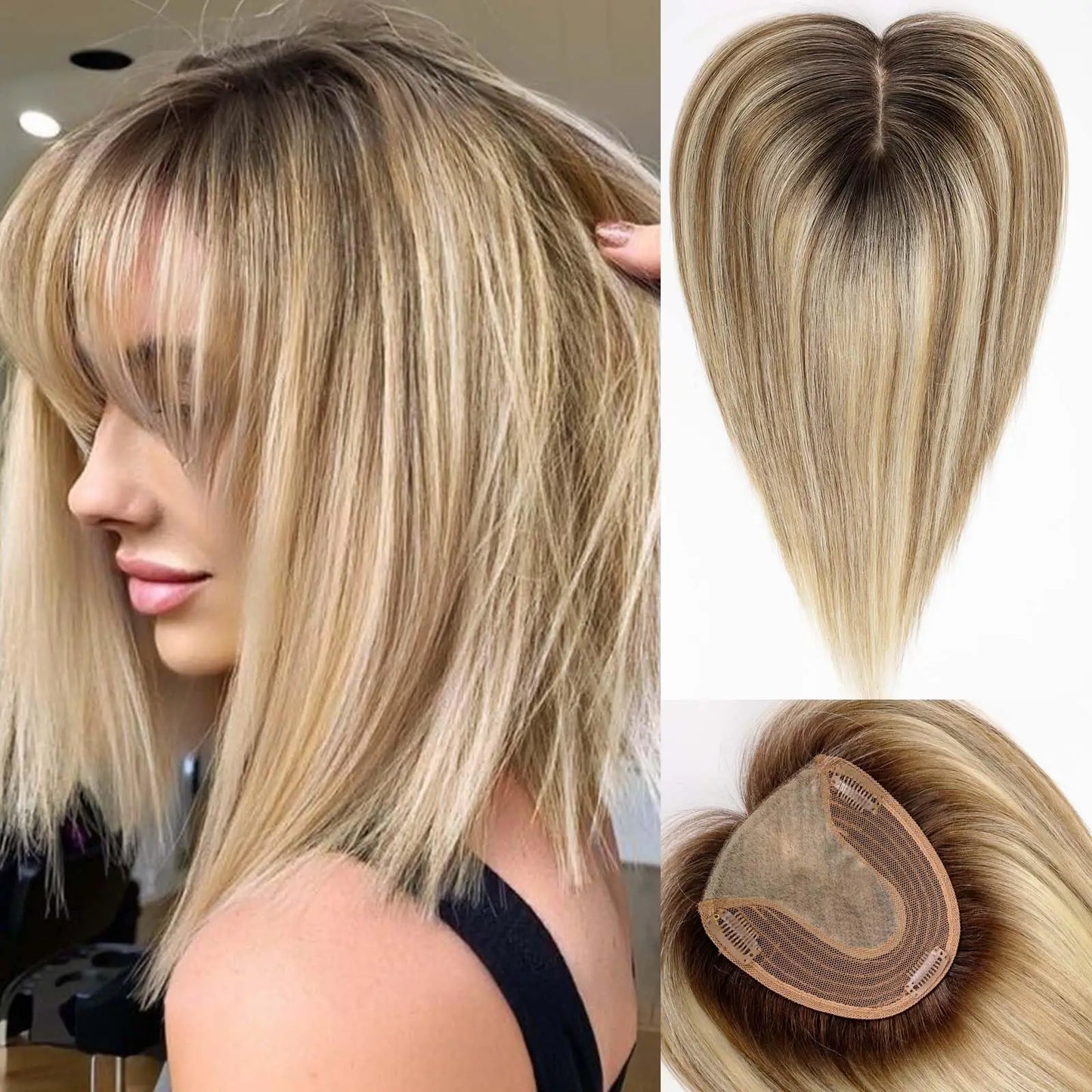 Brown Mixed Blonde Silk Base Human Hair Topper with Bangs – 14”