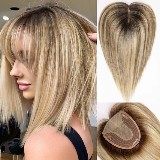 Brown Mixed Blonde Silk Base Human Hair Topper with Bangs – 14”