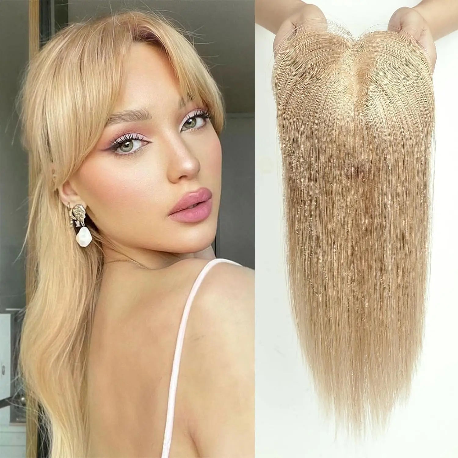 Ombre Blonde Human Hair Topper with Bangs | Remy Silk Base Clip-In Hair Topper for Volume & Hair Loss Coverage