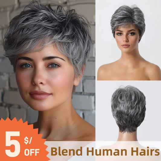 Short Pixie Cut Grey Human Hair Wig – 8” Layered Blend Wig with Bangs for Women